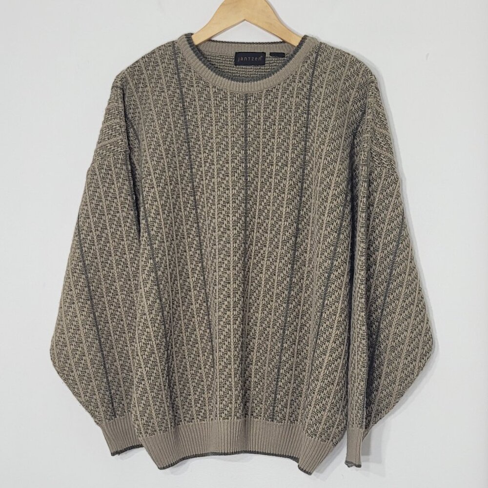 Jantzen Vintage Knit Tan Grandpa Long Sleeve Oversized Pullover Sweater Cozy